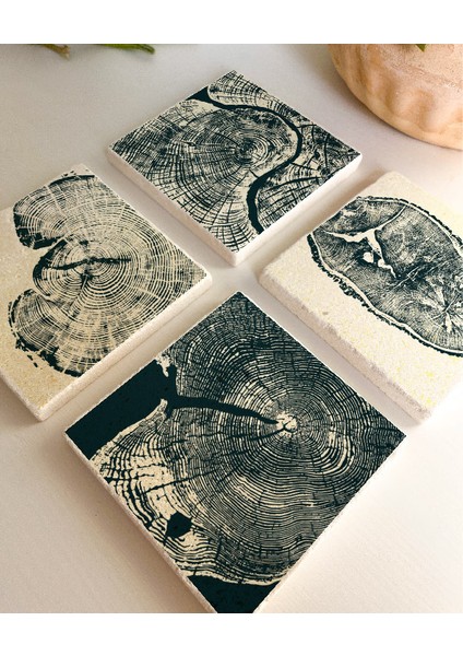 Ağaç Dokulu Doğal Taş Bardak Altlığı Seti, Ahşap Desenli, 4’lü