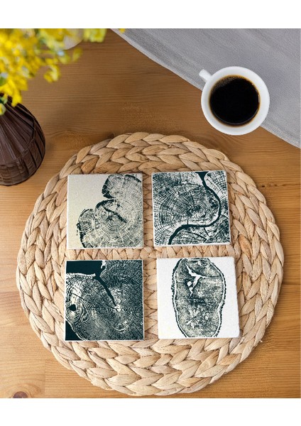 Ağaç Dokulu Doğal Taş Bardak Altlığı Seti, Ahşap Desenli, 4’lü modelleri