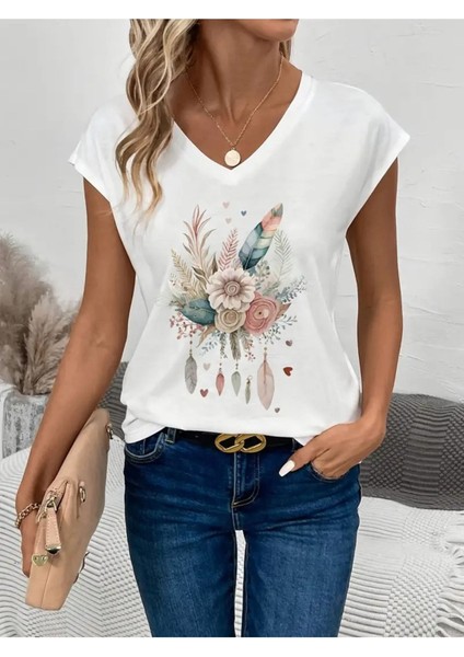 Çiçek Baskılı Oversize V-Yaka T-Shirt Salaş Boyfirend