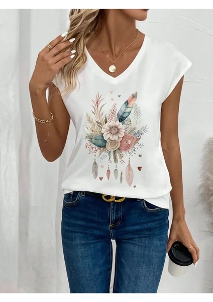 Çiçek Baskılı Oversize V-Yaka T-Shirt Salaş Boyfirend fırsatları