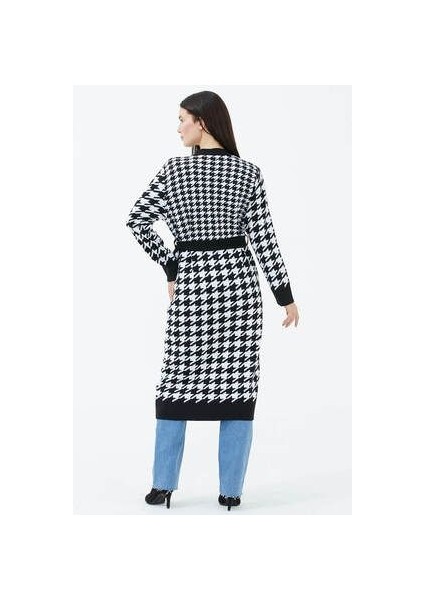Kazayağı Desenli Uzun Kemerli Triko Hırka Siyah fırsatları