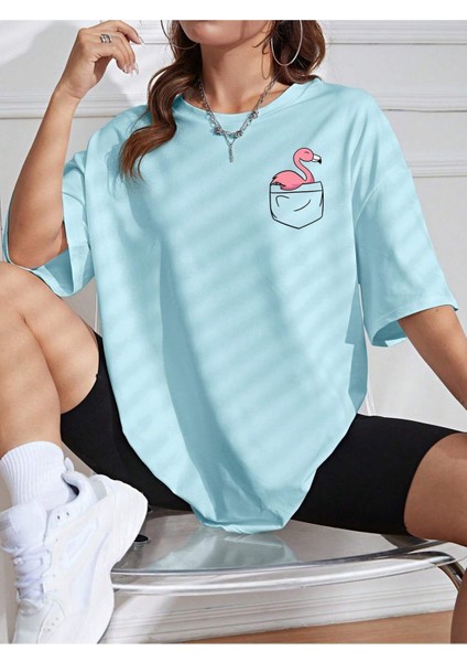 Cepte Flamingo Baskılı Kadın Oversize Salas T-Shirt Boyfriend