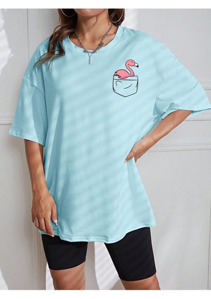 Cepte Flamingo Baskılı Kadın Oversize Salas T-Shirt Boyfriend modelleri