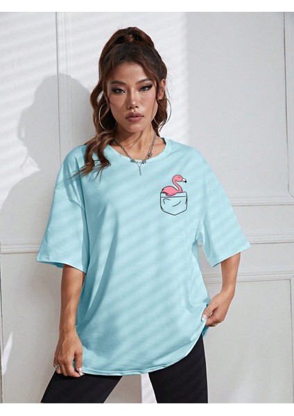 Cepte Flamingo Baskılı Kadın Oversize Salas T-Shirt Boyfriend fırsatları