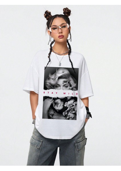 Siyah Oversize T-Shirt Renkli Yüz Baskılı