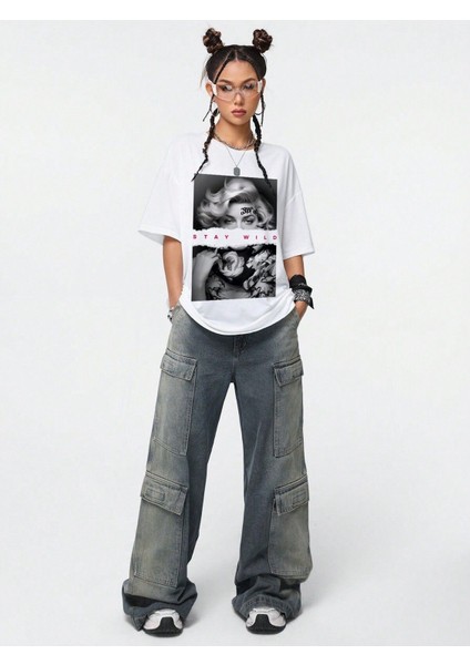 Siyah Oversize T-Shirt Renkli Yüz Baskılı modelleri