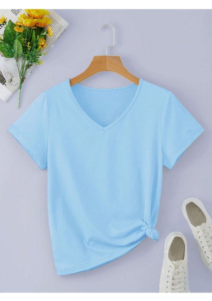 Kadın V Yaka Baskılı & Düz Beyaz Oversize T-Shirt Salaş Boyfirend