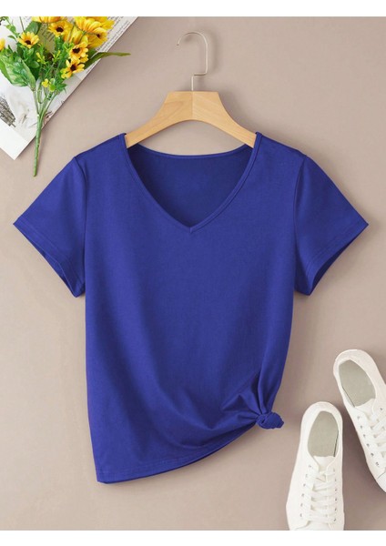 Kadın V Yaka Baskılı & Düz Beyaz Oversize T-Shirt Salaş Boyfirend