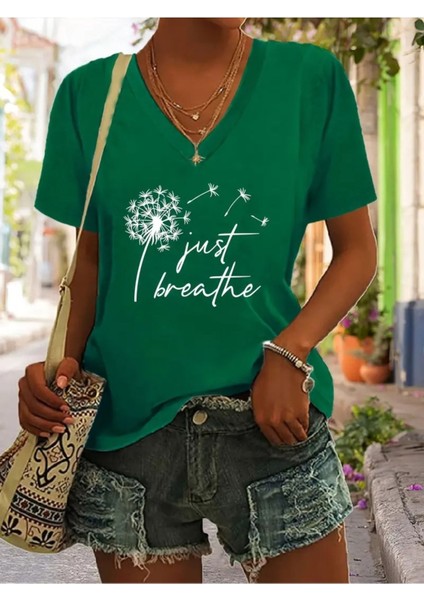 Kadın Baskılı Kadın Oversize V Yaka T-Shirt Salaş