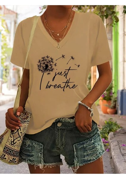 Kadın Baskılı Kadın Oversize V Yaka T-Shirt Salaş
