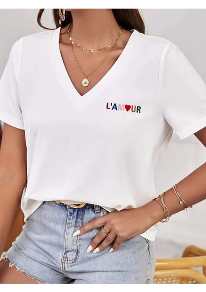 Kadın Baskılı Oversize Beyaz V Yaka T-Shirt Salaş
