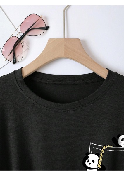 Cepte Panda Baskılı Kadın Oversize Salas T-Shirt Boyfriend modelleri