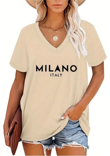Kadın V Yaka Baskılı Beyaz Oversize T-Shirt Salaş