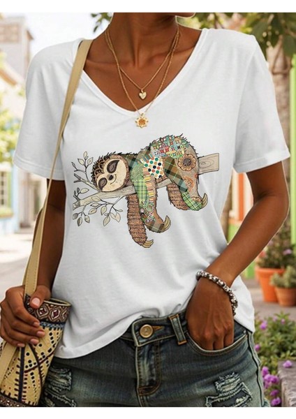 Kadın Baskılı Kadın Oversize V Yaka T-Shirt Salaş