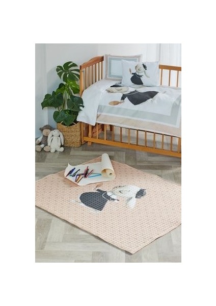 %100 Organik Pamuk Çocuk Oyun Matı - Puantiyeli Tavşan Temalı - Pembe - 120 x 150 cm