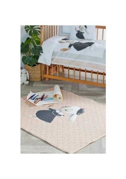 %100 Organik Pamuk Çocuk Oyun Matı - Puantiyeli Tavşan Temalı - Pembe - 120 x 150 cm fiyatları