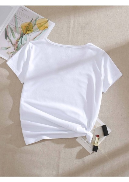 Kadın V Yaka Baskılı & Düz Beyaz Oversize T-Shirt Salaş Boyfirend fiyatları