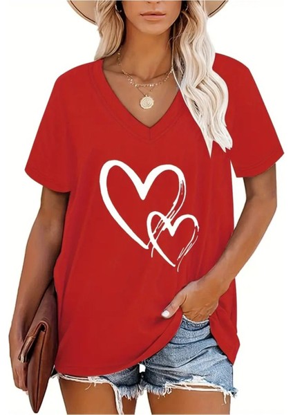 Kadın Baskılı Kadın Oversize V Yaka T-Shirt Salaş