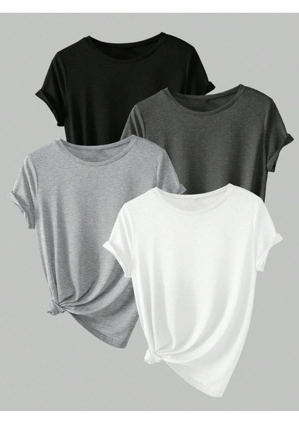 Unisex 4'lü Paket Siyah-Beyaz-Gri-Bebe Mavisi Düz Oversize Bisiklet Yaka Salaş Tshirt