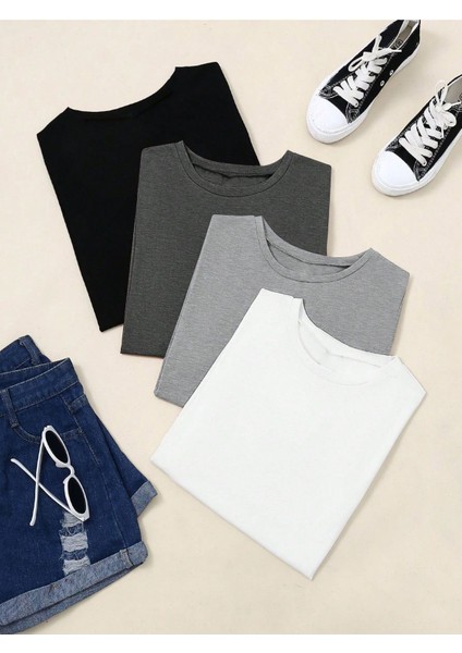 Unisex 4'lü Paket Siyah-Beyaz-Gri-Bebe Mavisi Düz Oversize Bisiklet Yaka Salaş Tshirt fiyatları