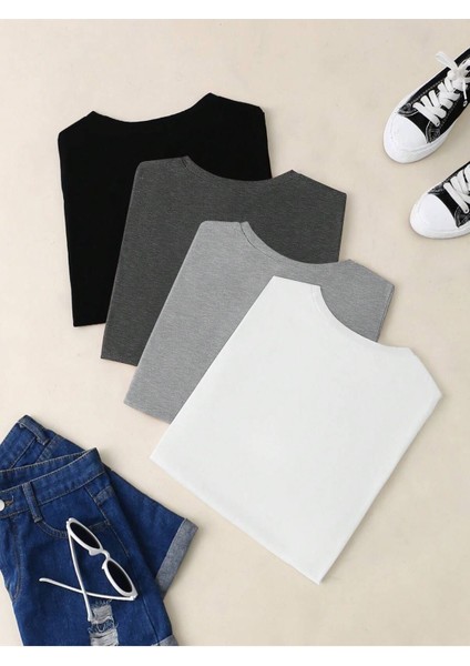 Unisex 4'lü Paket Siyah-Beyaz-Gri-Bebe Mavisi Düz Oversize Bisiklet Yaka Salaş Tshirt modelleri