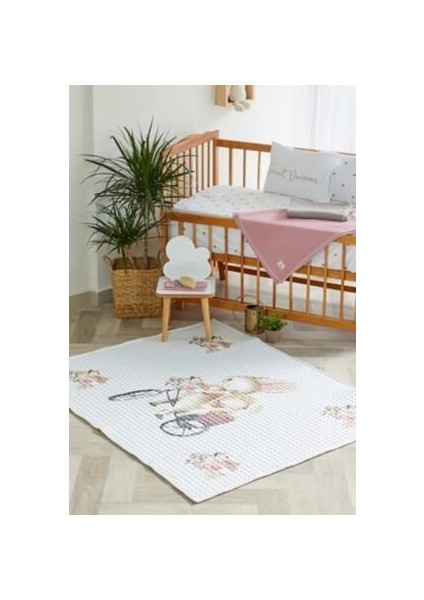 %100 Organik Pamuk Çocuk Oyun Matı - Çiçek ve Tavşan Temalı - 120 x 150 cm