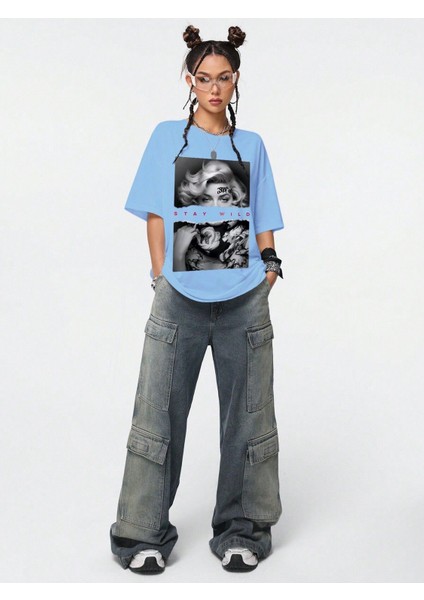 Unisex Siyah Oversize T-Shirt Renkli Yüz Baskılı modelleri