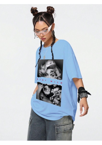 Unisex Siyah Oversize T-Shirt Renkli Yüz Baskılı fırsatları