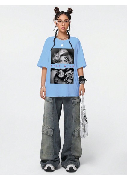 Unisex Siyah Oversize T-Shirt Renkli Yüz Baskılı indirimleri