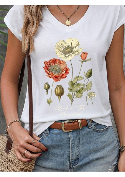 Çiçek Baskılı Oversize V-Yaka T-Shirt Salaş Boyfirend