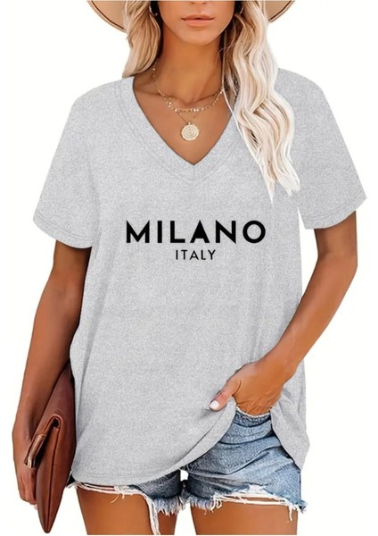 Kadın Baskılı Kadın Oversize V Yaka T-Shirt Salaş