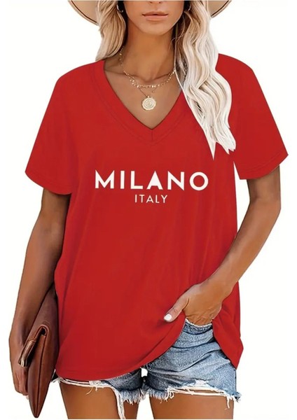 Kadın Baskılı Kadın Oversize V Yaka T-Shirt Salaş
