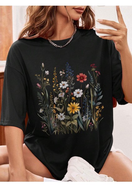 Butterflies Baskılı Kadın Oversize Salaş T-Shirt Boyfirend