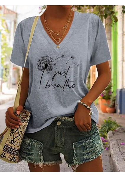 Kadın Baskılı Kadın Oversize V Yaka T-Shirt Salaş