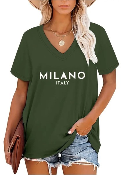 Kadın V Yaka Baskılı Beyaz Oversize T-Shirt Salaş