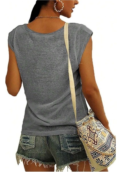 Kadın V Yaka Kolsuz Oversize Salas Boyfriend T-Shirt