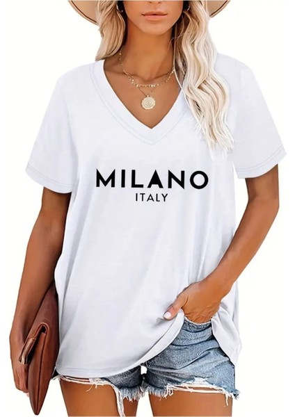Kadın Baskılı Kadın Oversize V Yaka T-Shirt Salaş
