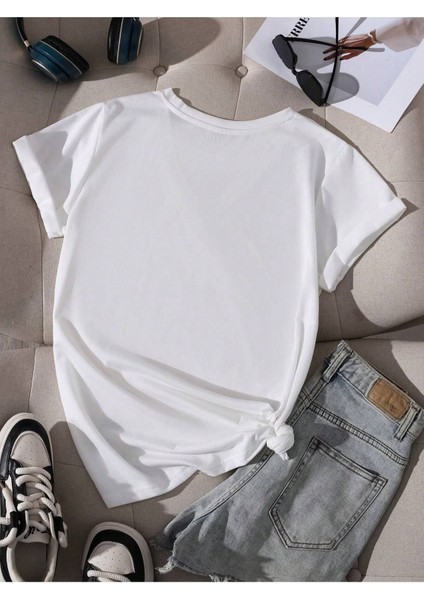 Kadın Baskılı Kadın Oversize V Yaka T-Shirt Salaş