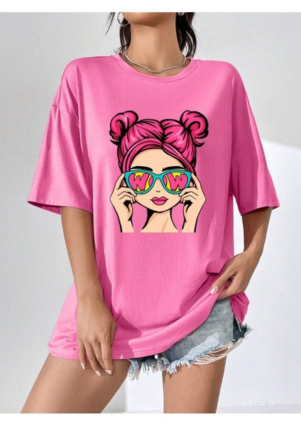 Womens Baskılı Kadın Oversize Füme Salas T-Shirt Boyfriend