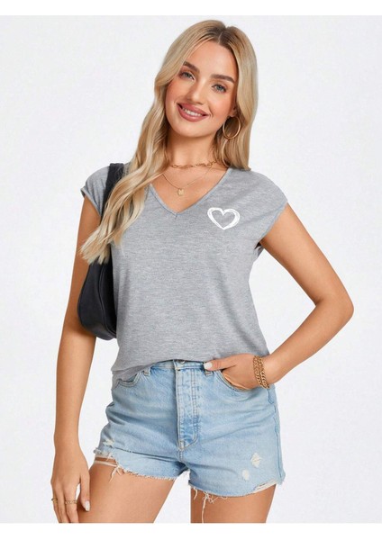 Tiny Heart Baskılı Kadın Oversize Salas T-Shirt Boyfriend