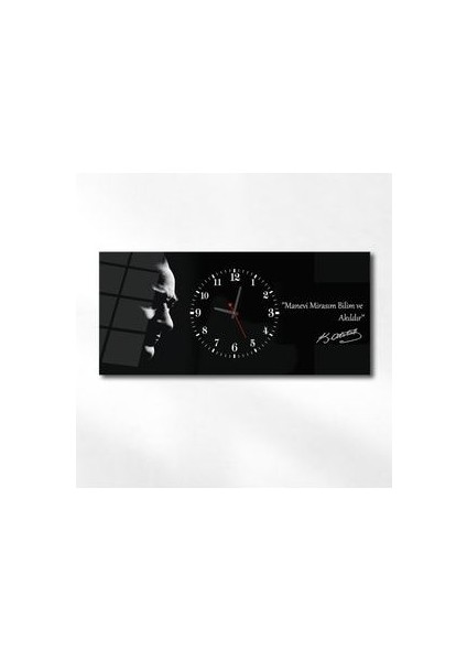 Atatürk Manevi Mirasım Bilim ve Akıldır Yatay Ortadan Saatli Vatan Temalı Cam Tablo 015