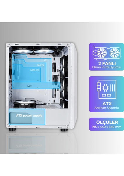 Beyaz Ice Drill 4 Rgb Fanlı Mesh Panel Atx Pc Gaming Bilgisayar Oyuncu Kasası