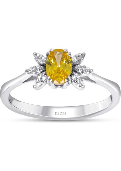 Pırlantalı Oval Sitrin Taşlı Yüzük