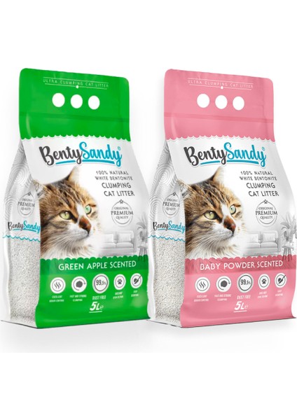 Bebek Pudrası ve Yeşil Elma Kokulu Topaklanan Kedi Kumu Seti 5 Lt x 2 Adet