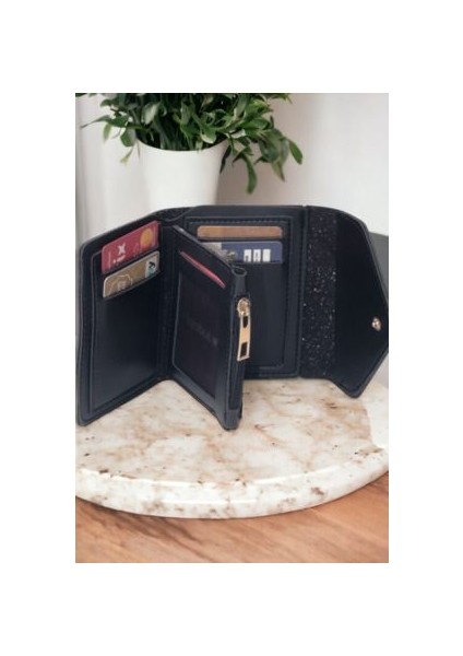 Kadın Yumuşak Derili Çıtçıtlı ve Fermuarlı Şık Siyah Cüzdan Kartlık Aksesuar fiyatları