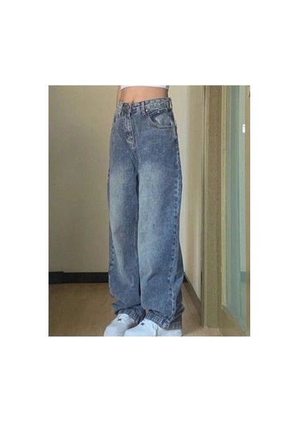 Kadın Y2K Baggy Geniş Paça Jean Pantolon Mavi Yıkamalı Renk Desenli Günlük Stil fiyatları