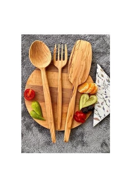 Ahşap 3 Parça Zeytin Ağacı El Işçiliği Sunum ve Yemek Kaşığı ve Seti Tahta Kaşık Mutfak Gereçleri