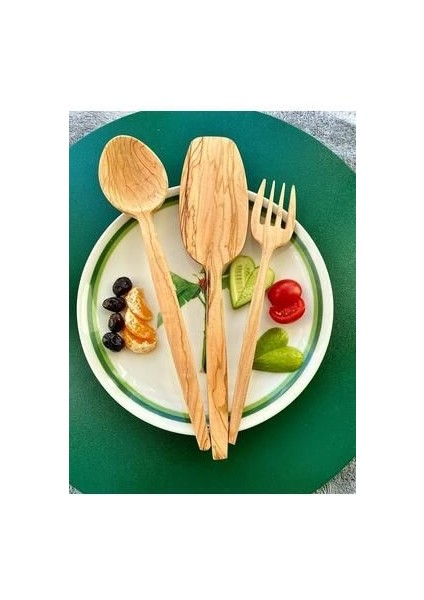 Ahşap 3 Parça Zeytin Ağacı El Işçiliği Sunum ve Yemek Kaşığı ve Seti Tahta Kaşık Mutfak Gereçleri modelleri