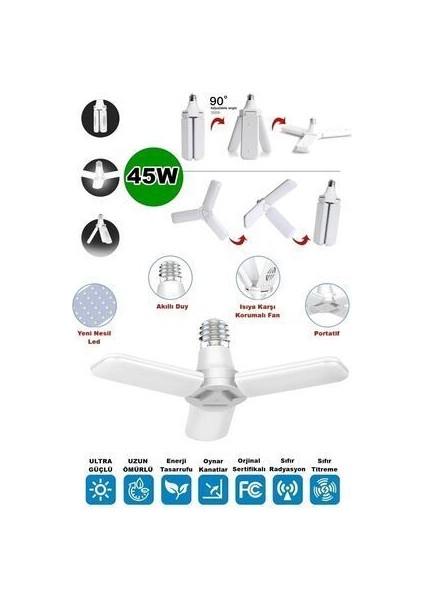 Pervane Ampul 40-45W Yeni Nesil Beyaz LED Ampul 3 Modlu Ultra Güçlü 5.000 Lumens Pro Beyaz Işık