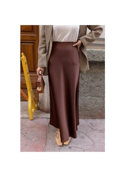 Kahve Yandan Gizli Fermuarlı Beli Lastikli Saten Etek fiyatları
